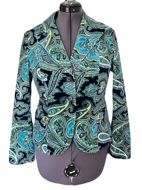 Vintage Talbots Blue Paisley Stretch Velvet Blazer, Size 8